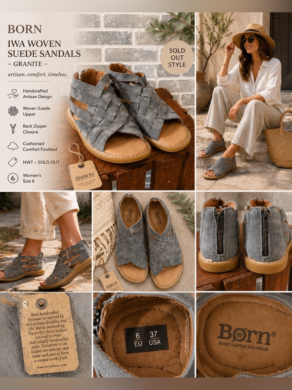 Born Handcrafted Woven Suede Sandals Gray Leather Comfort Sandals